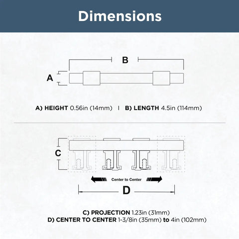 Dimensions diagram for 5 Pack Slick Matte Brushed Nickel Cabinet Handles And Adjustable Drawer Pulls Fits 1.375 To 4 Inch Hole Centers