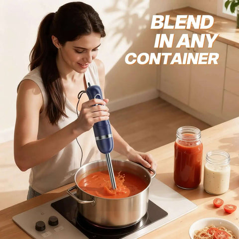 Corded Immersion Blender With 400 Watt Copper Motor And Two Speed Modes Bpa Free Hand Mixer blending soup in a pot.