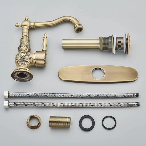 Antique Brass Swivel Spout Bathroom Faucet With Single Lever Mixer Tap Vanity Sink Faucet With Pop Up Drain And Overflow parts