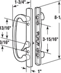 Diagram of Mortise Style Sliding Patio Door Handle Set in Satin Nickel Replacement Inside and Outside Hardware Kit dimensions.