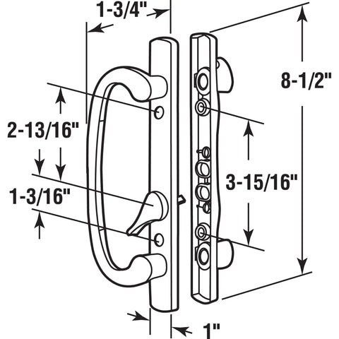 Diagram of Mortise Style Sliding Patio Door Handle Set in Satin Nickel Replacement Inside and Outside Hardware Kit dimensions.