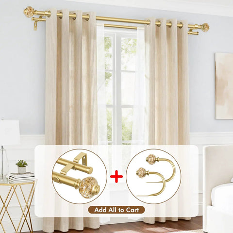 Gold 1 Inch Double Curtain Rod Set With Telescoping 72 To 144 Inch Range, Sparkling Foil Finials, shown with beige curtains