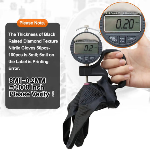 Measuring thickness of Heavy Duty Black Nitrile Disposable Gloves Medium 8 Mil Thick 100 Pack for quality assurance.