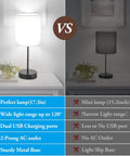 Comparison of two pack table lamps with USB ports and AC outlet, showing size, base stability, and USB charging features.