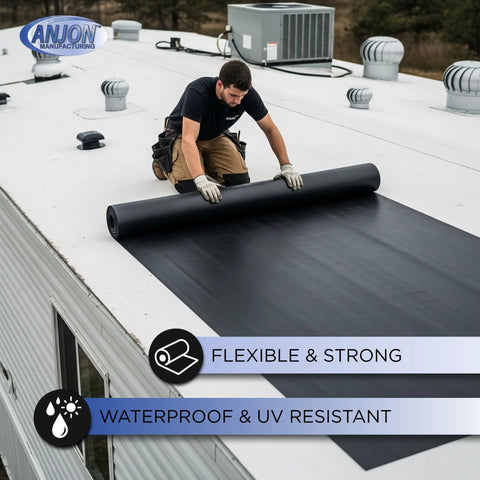Man installing Heavy Duty 60 Mil Epdm Rubber Roofing Membrane Roll For Flat Roofs Sized At 20 Feet By 80 Feet on rooftop.