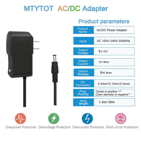 Side view of 9V DC Power Supply 1A AC Adapter 100 240V Input 50 60Hz 9V Output 1A Max 10W With 4.6Ft Cable And Eight Tips