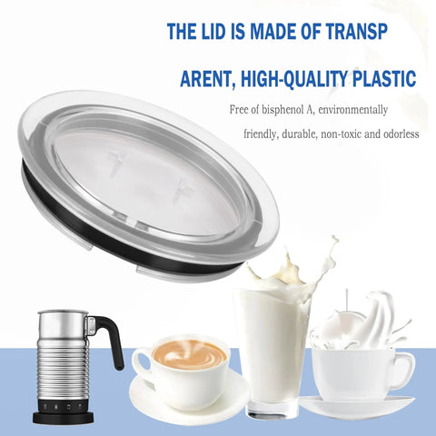 Milk Frother Lid Replacement For Aeroccino 3 And Aeroccino 3R, transparent, fits 3593 and 3594 parts, next to coffee cup