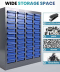 40 Drawer Parts Cabinet With Label Stickers Nut And Bolt Organizer ABS Drawers For Screws Bolts Nuts In Workshop Garage And Office Built Tough For Long Lasting Rust Resistant Mess Free Organization with visible blue drawers, alloy steel frame, and labeled usage for small items and hardware.