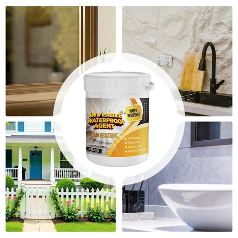 No Sweat Waterproof Adhesive And Invisible Anti Leakage Coating Featuring Built In Brush For Roofs Walls And Floors Dries Clear displayed in a collage.