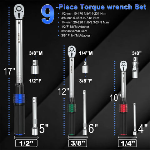 Nine Piece Torque Wrench Set with 1/4 3/8 1/2 Inch Drives, 20-220 Inlb and 5-45 and 10-170 FtLb Ranges displayed with adapters