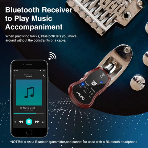 Close-up of Silent Practice Headphone Amp for Electric Guitar and Bass with Rechargeable Battery, shown with Bluetooth receiver