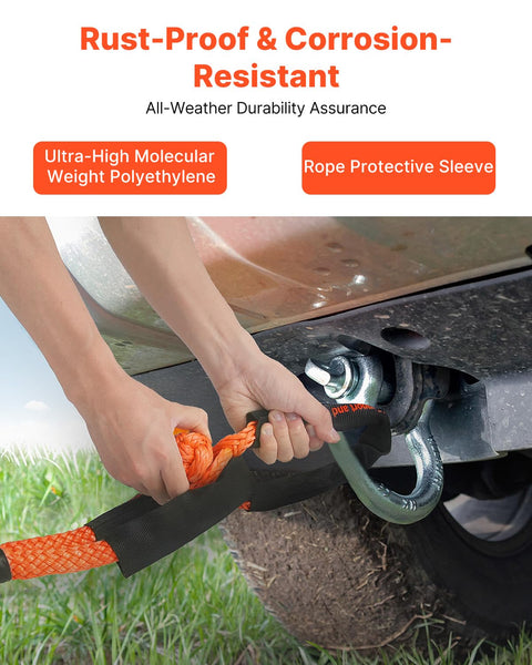Two Pack 1/2 Inch By 22 Inch Synthetic Soft Shackles With 20 Ton Breaking Strength in use on vehicle with protective sleeve.