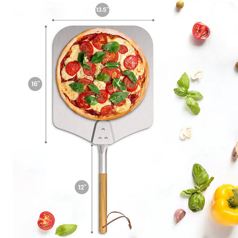 Thin Aluminum Pizza Peel With 13 And A Half Inch Wide By 16 Inch Long Surface And 8 Inch Wooden Handle For Indoor Oven And Outdoor Grillin Nonstick Transfer Paddle For Easy Pizza Bread And Pie