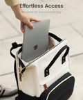 White 15.6 Inch Laptop Backpack For Women With Wide Open Frame For Quick Access, showing laptop insertion.