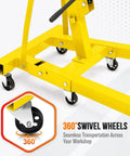 Heavy Duty Folding Engine Crane And Hydraulic Cherry Picker With Manual Lever Handles Up To 4400 Lbs showing 360° swivel wheels for easy mobility.
