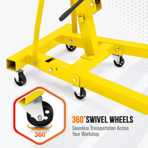 Heavy Duty Folding Engine Crane And Hydraulic Cherry Picker With Manual Lever Handles Up To 4400 Lbs showing 360° swivel wheels for easy mobility.