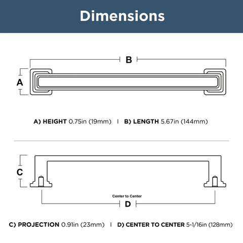 Dimensions diagram of Brushed Nickel Cabinet Handles 5-1/16 Inch 128mm with metric and imperial measurements.