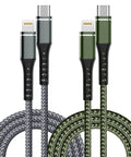 Lightning Fast USB C To Lightning Cable 2 Pack 3Ft MFi Certified iPhone Charger Cable With Quick Charge And Power Delivery, Data Transfer Up To 480Mbps, Durable Nylon Braided Build For Travel And Daily Use. 2-pack braided USB-C to Lightning cables, 3ft, gray and green