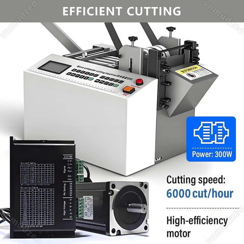 Professional Heavy Duty Electric Conduit And Automatic Heat Shrink Tube Cutter With A Beefy 300 Watt Motor Serving Up 6000 Crisp Cuts Per Hour And A Built In Cooling Fan For Bald Knuckle Free Workdays with control panel and motor.