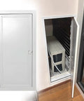 Heavy Duty Drywall Access Panel With Smooth Operating Handle Recessed Metal Wall Hole Cover For Indoor Hvac Ducts And Attic Laundry Sleek Aluminum Service Door 36 By 40 Inches No Sweat Install, open door showing HVAC unit.