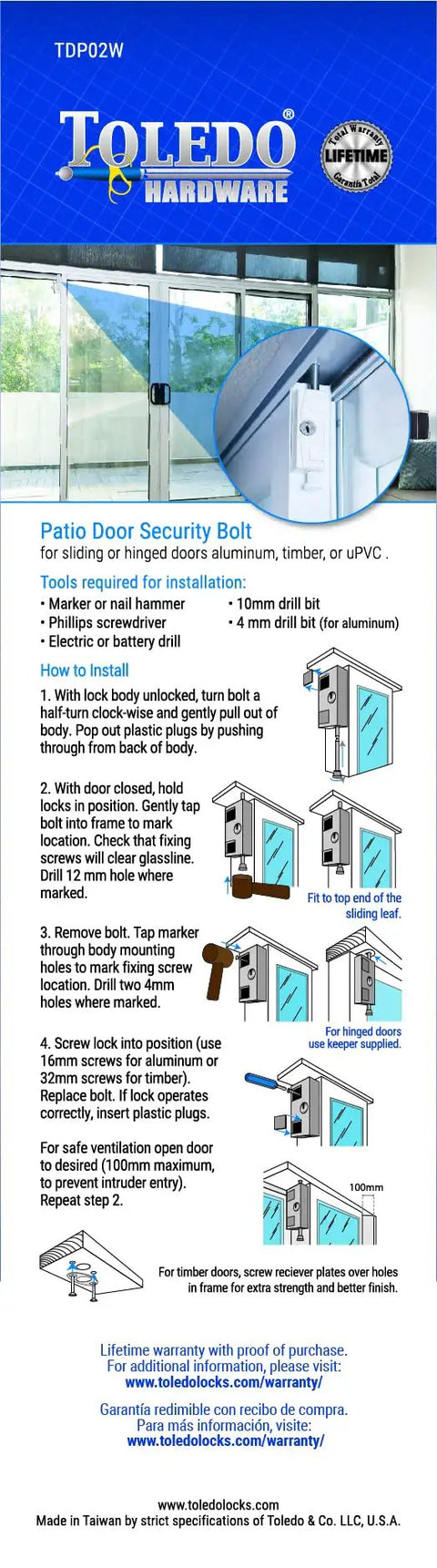 White Hardened Keyed Bolt Sliding Patio Door Lock Surface Mounted For Wood And Metal Doors installation guide.
