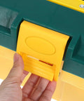 Heavy Duty Plastic Toolbox Organizer With Reinforced Grip For Job Site Hardware And Straight Up Rugged Storage That Keeps Your Gear Locked Down And Ready To Roll Anywhere with yellow latch being opened.