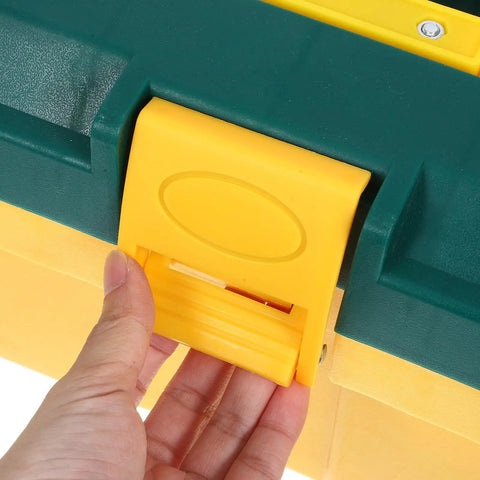Heavy Duty Plastic Toolbox Organizer With Reinforced Grip For Job Site Hardware And Straight Up Rugged Storage That Keeps Your Gear Locked Down And Ready To Roll Anywhere with yellow latch being opened.