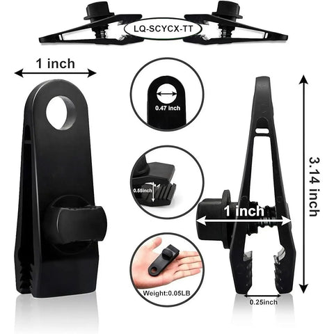 Heavy Duty Tarp Clips With Lock Grip Built Tough For Outdoor Use Rugged Plastic Clamps dimensions and features display