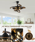 Bella Depot 42" Rustic Retractable Ceiling Fan with Lights and Remote, shown with 3 ABS blades and warm lighting in a home setting.