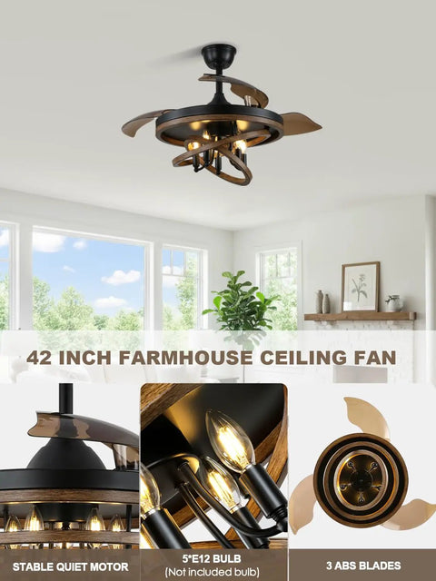 Bella Depot 42" Rustic Retractable Ceiling Fan with Lights and Remote, shown with 3 ABS blades and warm lighting in a home setting.