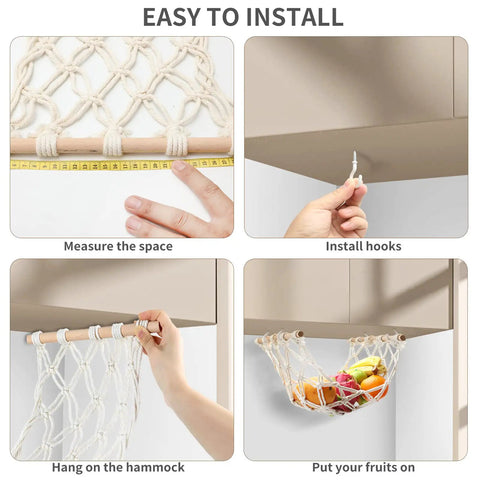 Hand-Woven Cotton Fruit Hammock With Hooks For Under-Cabinet Kitchen Storage being measured, installed, and holding fruit.
