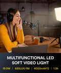 Soft 13 Inch LED Video Light Panel With 8000mAh Battery lighting a streamer in a home studio setup.