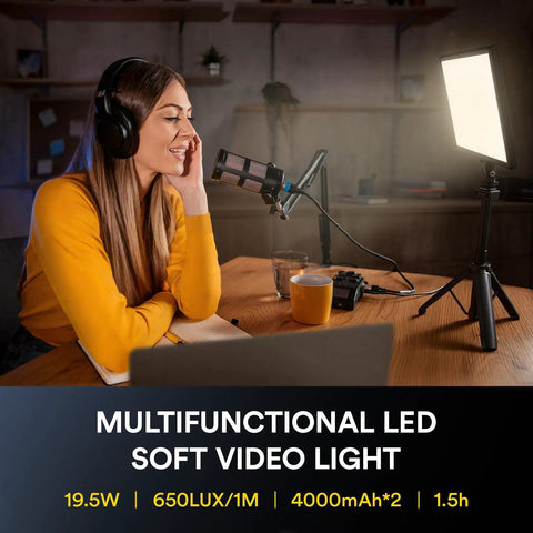 Soft 13 Inch LED Video Light Panel With 8000mAh Battery lighting a streamer in a home studio setup.