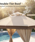 Close-up of the 8x8 Ft Outdoor Gazebo With Metal Frame And Double Roof Canopy Mosquito Netting And Privacy Screen near a pool.