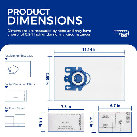 Dimensions of Nine Pack Vacuum Bag Set For Classic C1 C2 C3 And S Series Cleaners With 3D Efficiency AirClean Bags shown in diagram.