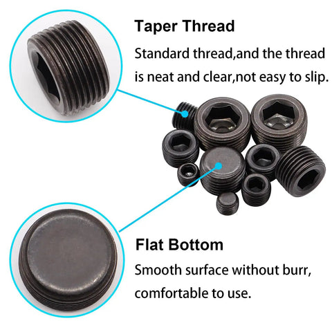60 Piece Carbon Steel Pipe Plug Fitting Assortment Kit With Five NPT Male Internal Hex Thread Socket Sizes for sealing ports.