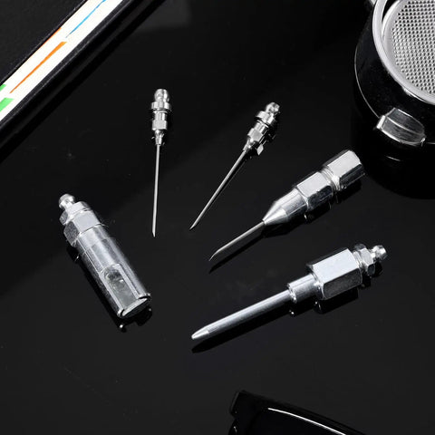 5 Piece Heavy Duty Pro Grade Grease Gun Needle Tip Kit with Hardened Steel Needles and Dispenser on black surface
