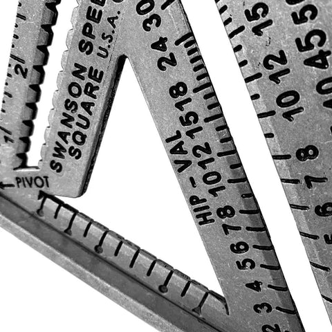 Close-up of a 7 Inch Speed Square Layout Tool with clear markings for precise measurements and angles, ideal for tradespeople.