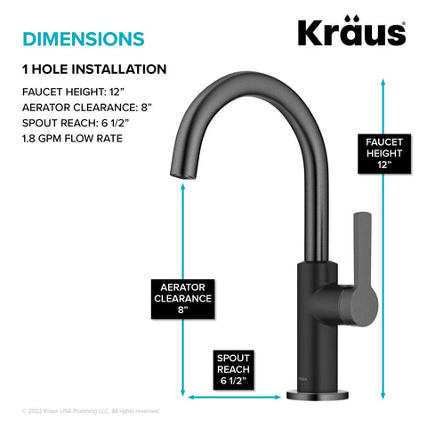 Dimensions of Oletto Single Handle Kitchen Bar Faucet In Matte Black And Spot Free Black Stainless Steel Finish For Kitchen Sinks