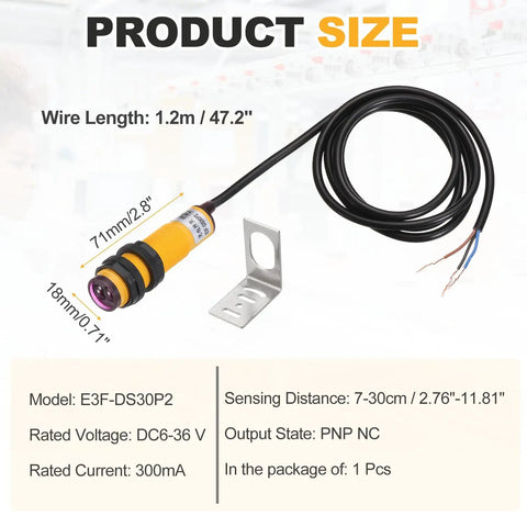 Diffuse Reflection Photoelectric Sensor M18 7 To 30 Cm Sensing Range PNP NC Output 6 To 36 V DC 300 mA With Mounting Bracket