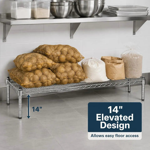 Must Have Heavy Duty Chrome Wire Storage Stand 14 By 54 By 14 Inches NSF Commercial Raised Shelving Unit For Foodservice Kitchens Restaurants Pantries Backrooms Organization And Stockroom Sorting, 14-inch elevated chrome wire shelf with stored produce