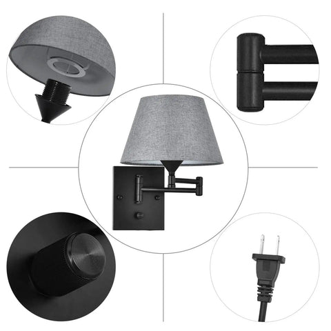Plug-In Wall Sconce Set Of 2 With Swing-Arm Lamps, Grey Fabric Shade, Black Finish, close-up details of cord and mount