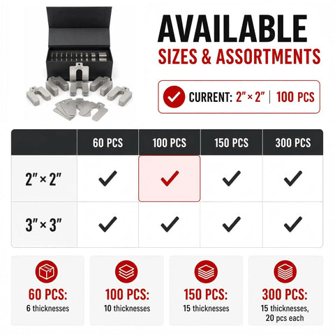 Stainless Steel Shim Kit 2 By 2 Inch Slotted Shims Collection 100 Pieces Across 10 Thicknesses For Machine Leveling chart
