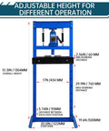 12 Ton Hydraulic H Frame Shop Press With Dual Press Plates, adjustable height measurements, blue, front view.