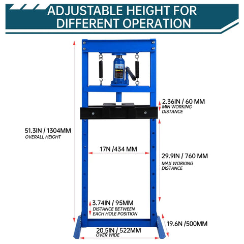 12 Ton Hydraulic H Frame Shop Press With Dual Press Plates, adjustable height measurements, blue, front view.