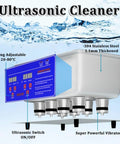 Kickass Ultrasonic Cleaner With Built In Heater And Digital Timer For Jewelry Restoration Auto Parts Degreasing Lab Descaling Heavy Duty Commercial Cleaning Tank showing adjustable heating control and 304 stainless steel.