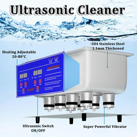 Kickass Ultrasonic Cleaner With Built In Heater And Digital Timer For Jewelry Restoration Auto Parts Degreasing Lab Descaling Heavy Duty Commercial Cleaning Tank showing adjustable heating control and 304 stainless steel.