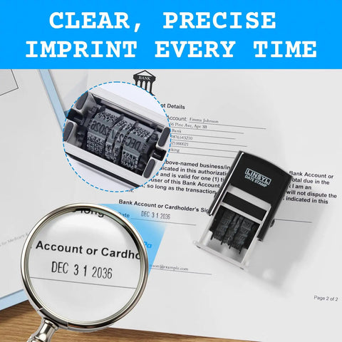 Pro Level Self Inking Date Stamp With Built In Black Ink Reservoir And Quick Twirl 12 Year Calendar Knob on paperwork.