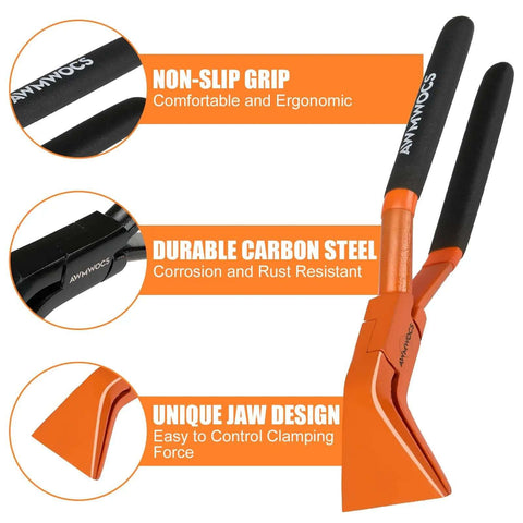Close-up of Three Piece Hand Seamers And Sheet Metal Bender Set showing non-slip grip, durable carbon steel, and unique jaw design.