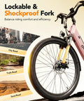 Electric City Commuter Bike With 1500W Peak Brushless Motor 48V display showing lockable shockproof fork on 26-inch wheel